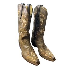 Caborca Distressed Brown Leather Floral Embroidered Western Cowgirl Boots Size 6
